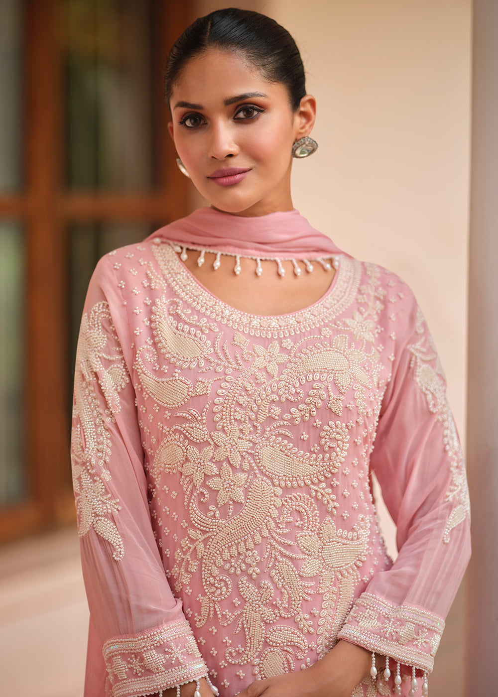 Buy Now Beautiful Pink Georgette Trouser Style Suit Online in Newark, Yorktown, Toronto, London, Munich, Chicago, Denver, Utah, Paris & Worldwide at Empress.