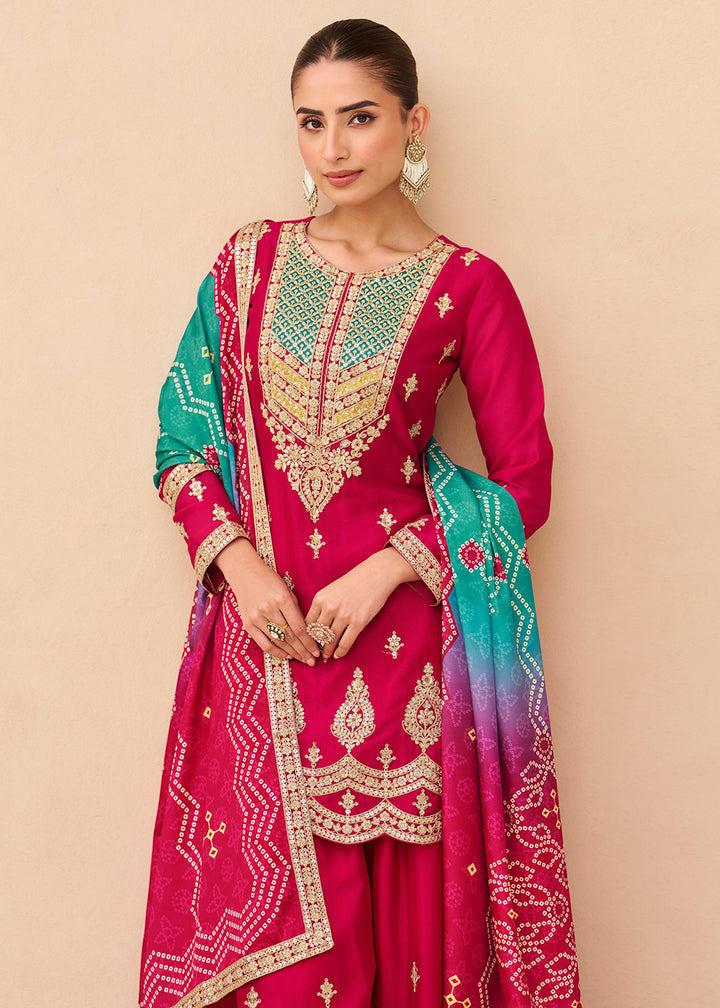 Buy Now Pink Function & Festive Wear Palazzo Style Suit Online in Newark, Miami, Toronto, London, Dortmund, Katy, Denver, Paris, Utah & Worldwide at Empress.