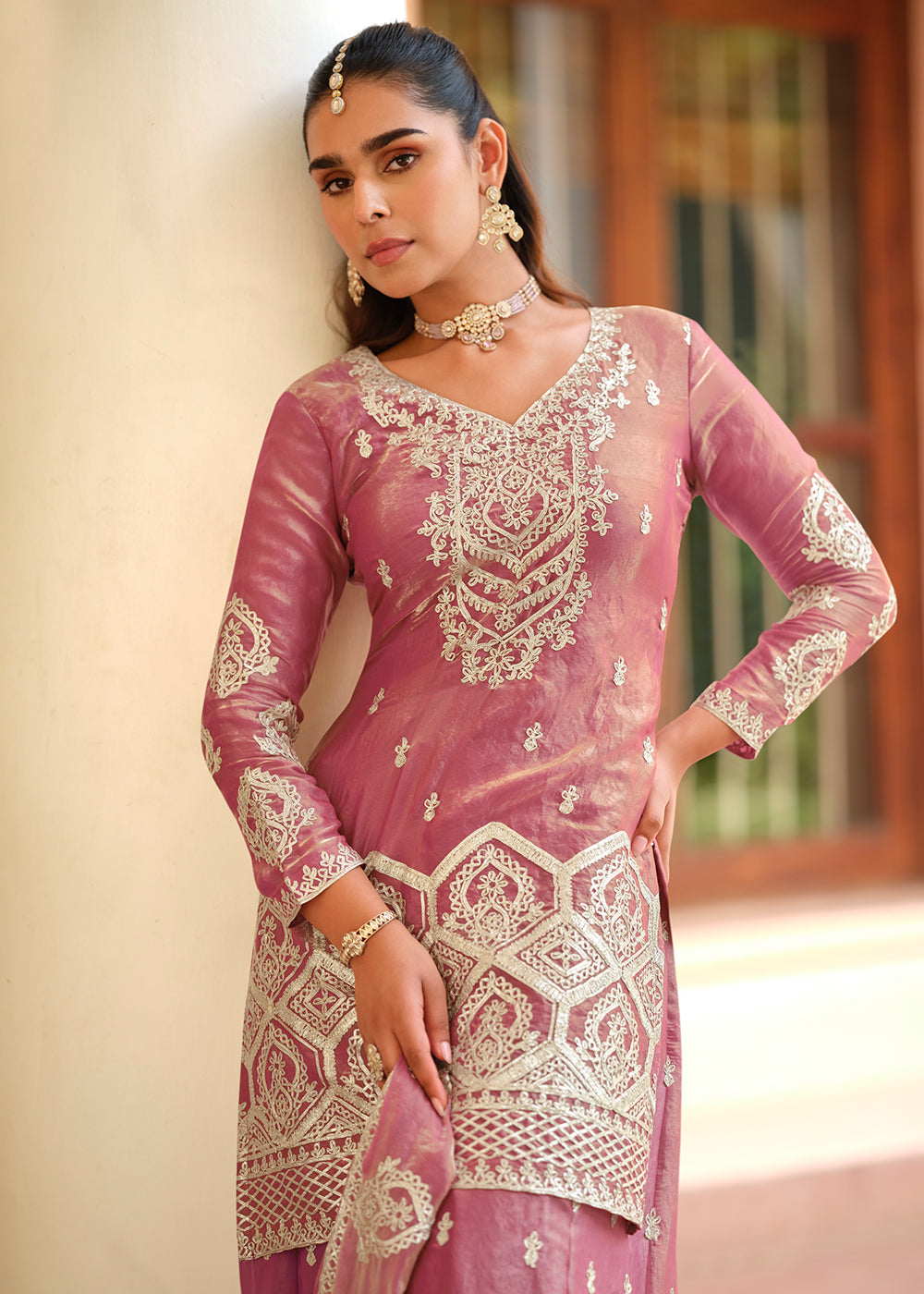 Buy Now Pink Premium Tora Silk Embroidered Palazzo Suit Online in Newark, Miami, Toronto, London, Bayern, Austin, Denver, New York, UAE & Worldwide at Empress.