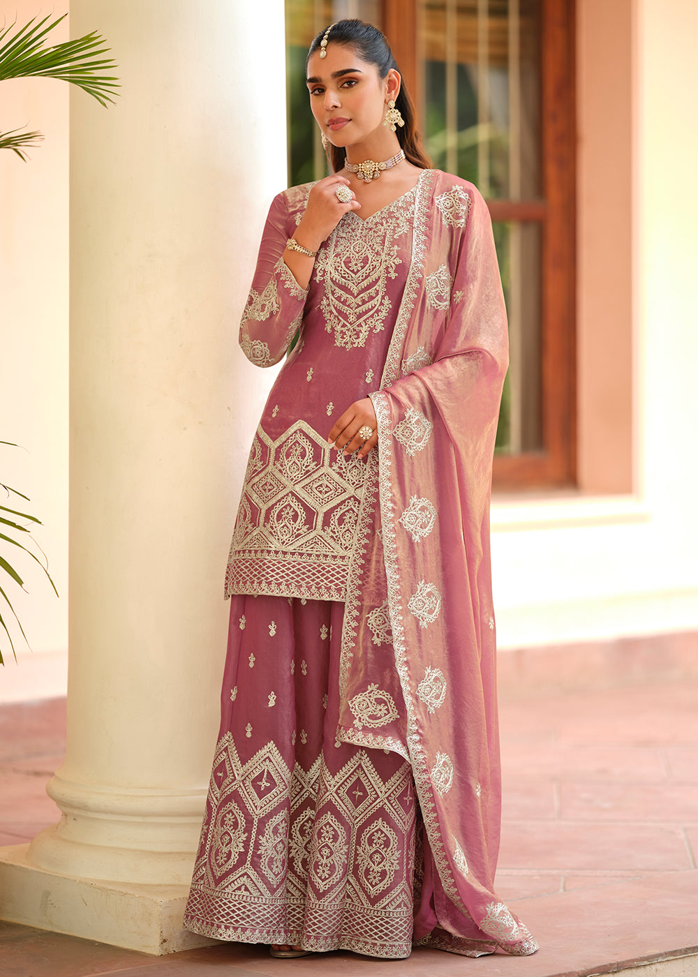 Buy Now Pink Premium Tora Silk Embroidered Palazzo Suit Online in Newark, Miami, Toronto, London, Bayern, Austin, Denver, New York, UAE & Worldwide at Empress.