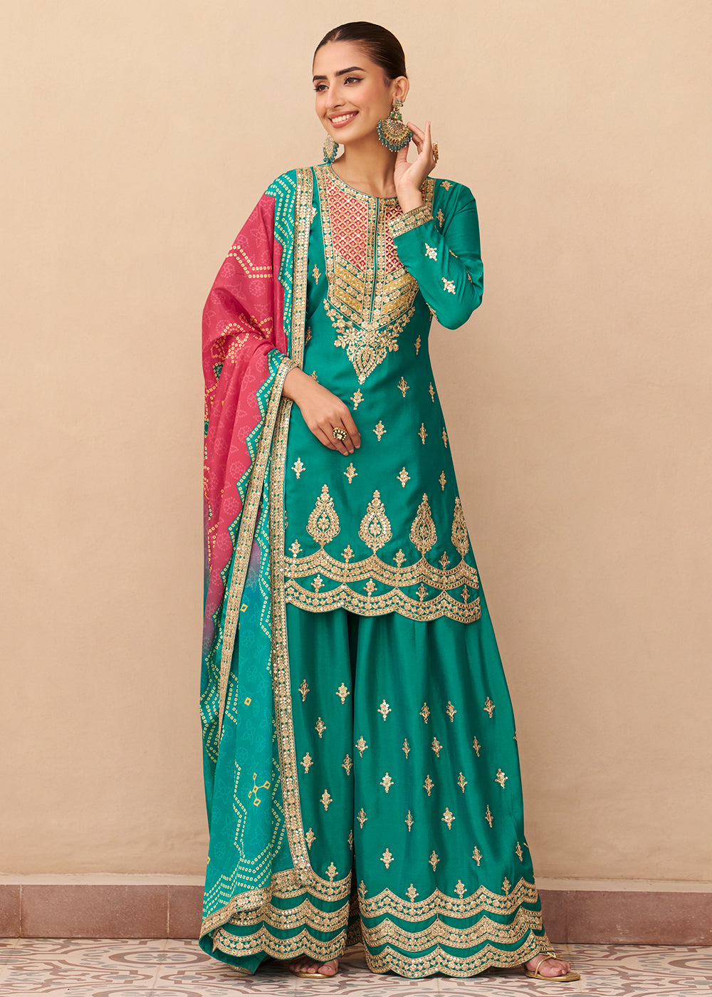 Buy Now Turquoise  Function & Festive Wear Palazzo Style Suit Online in Newark, Miami, Toronto, London, Dortmund, Katy, Denver, Paris & Worldwide at Empress.