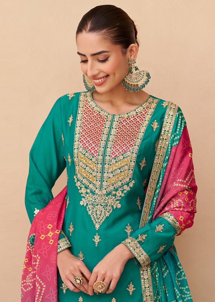 Buy Now Turquoise  Function & Festive Wear Palazzo Style Suit Online in Newark, Miami, Toronto, London, Dortmund, Katy, Denver, Paris & Worldwide at Empress.
