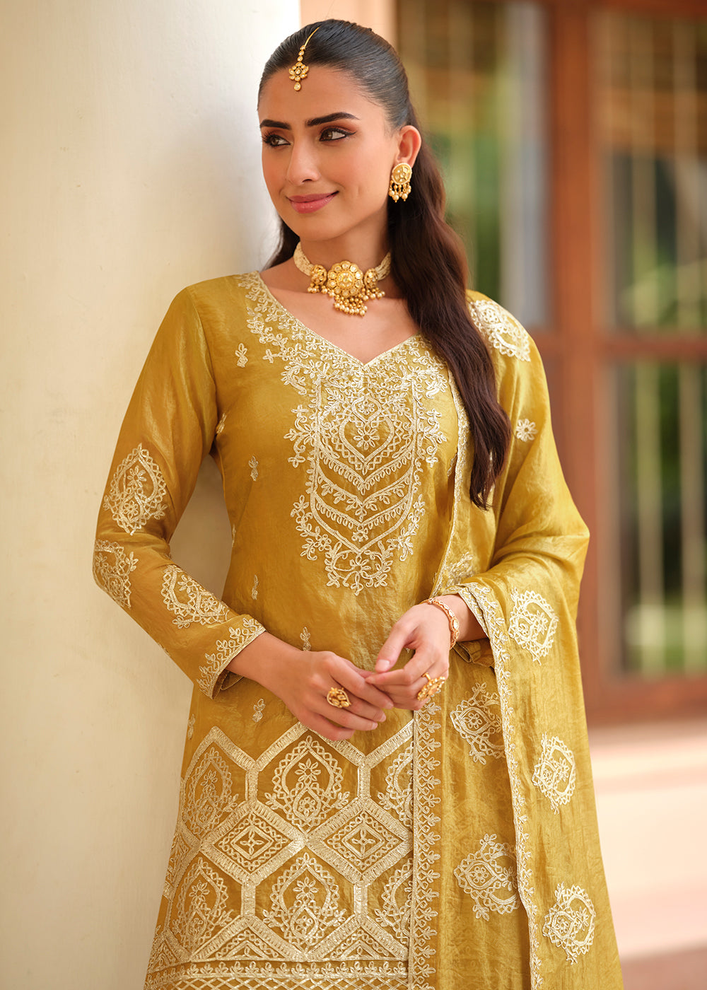 Buy Now Mustard Premium Tora Silk Embroidered Palazzo Suit Online in Newark, Miami, Toronto, London, Bayern, Austin, Denver, New York & Worldwide at Empress.