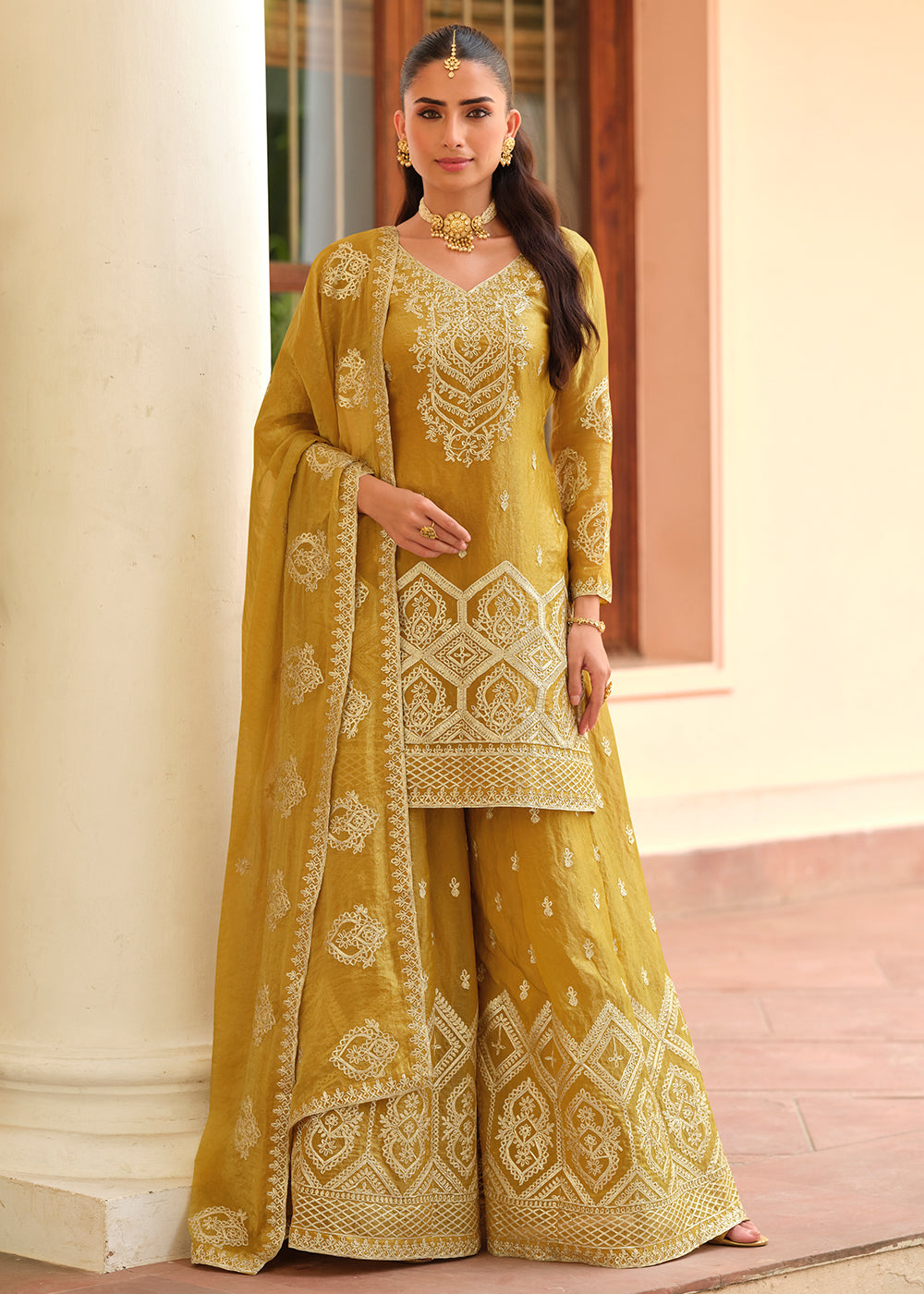 Buy Now Mustard Premium Tora Silk Embroidered Palazzo Suit Online in Newark, Miami, Toronto, London, Bayern, Austin, Denver, New York & Worldwide at Empress.