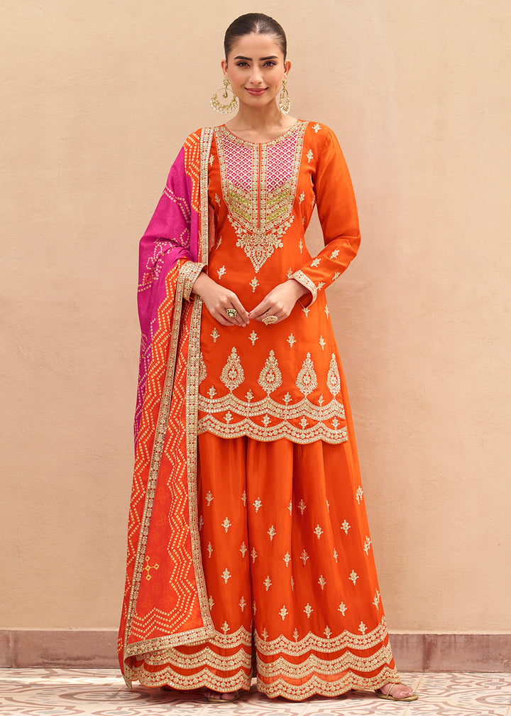 Buy Now Orange Function & Festive Wear Palazzo Style Suit Online in Newark, Miami, Toronto, London, Dortmund, Katy, Denver, Paris & Worldwide at Empress.
