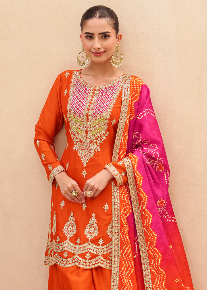 Buy Now Orange Function & Festive Wear Palazzo Style Suit Online in Newark, Miami, Toronto, London, Dortmund, Katy, Denver, Paris & Worldwide at Empress.