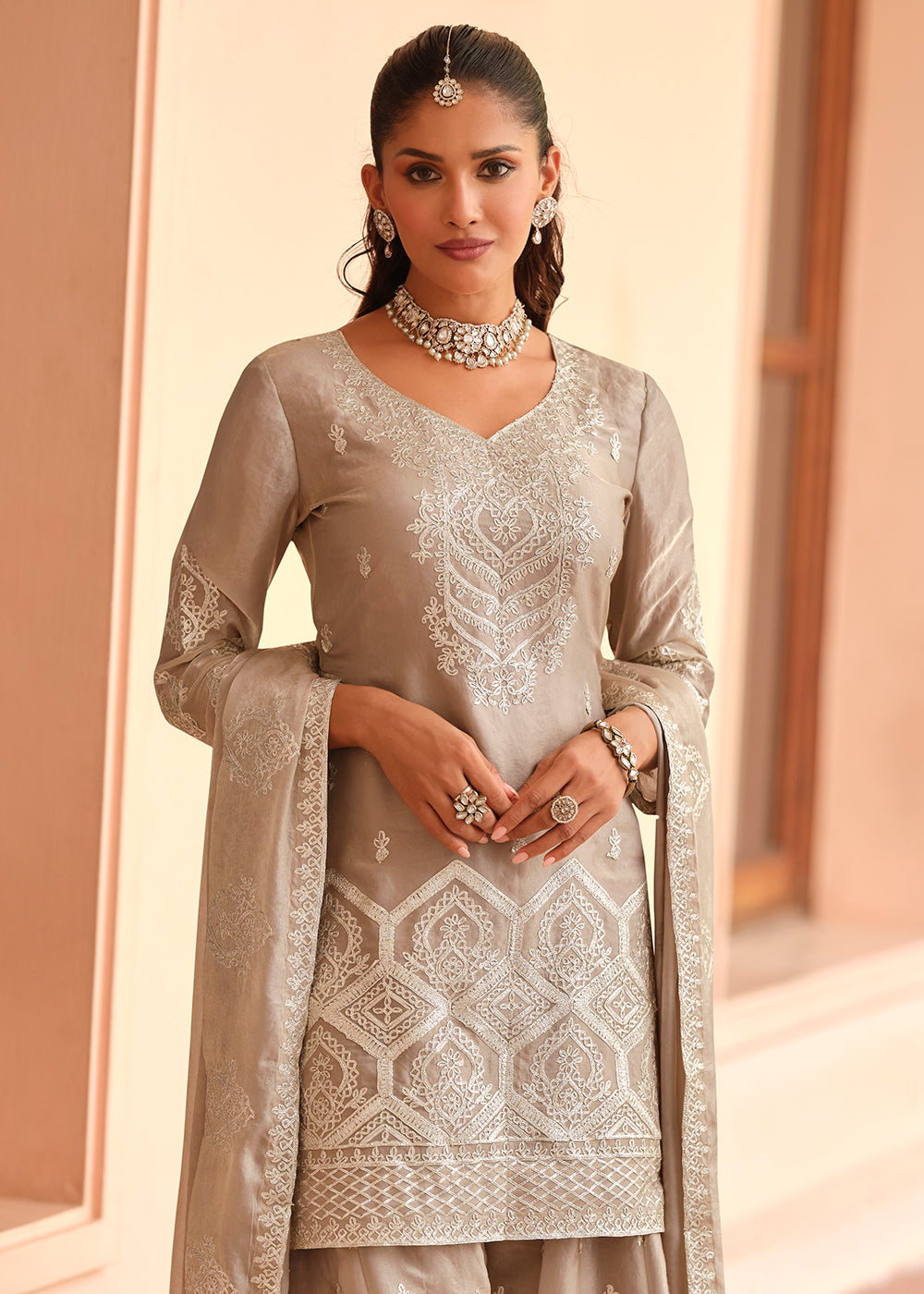 Buy Now Beige Premium Tora Silk Embroidered Palazzo Suit Online in Newark, Miami, Toronto, London, Bayern, Austin, Denver, New York & Worldwide at Empress.