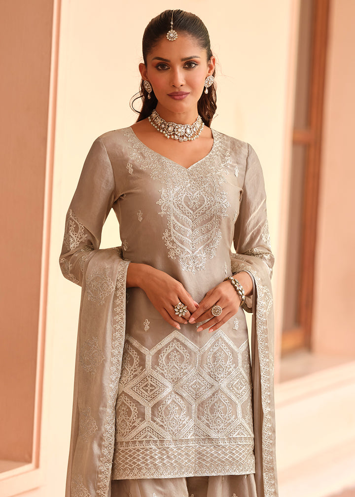 Buy Now Beige Premium Tora Silk Embroidered Palazzo Suit Online in Newark, Miami, Toronto, London, Bayern, Austin, Denver, New York & Worldwide at Empress.