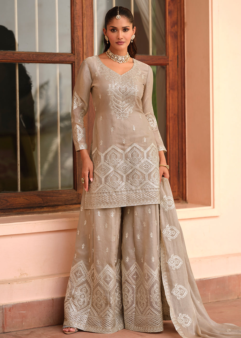 Buy Now Beige Premium Tora Silk Embroidered Palazzo Suit Online in Newark, Miami, Toronto, London, Bayern, Austin, Denver, New York & Worldwide at Empress.