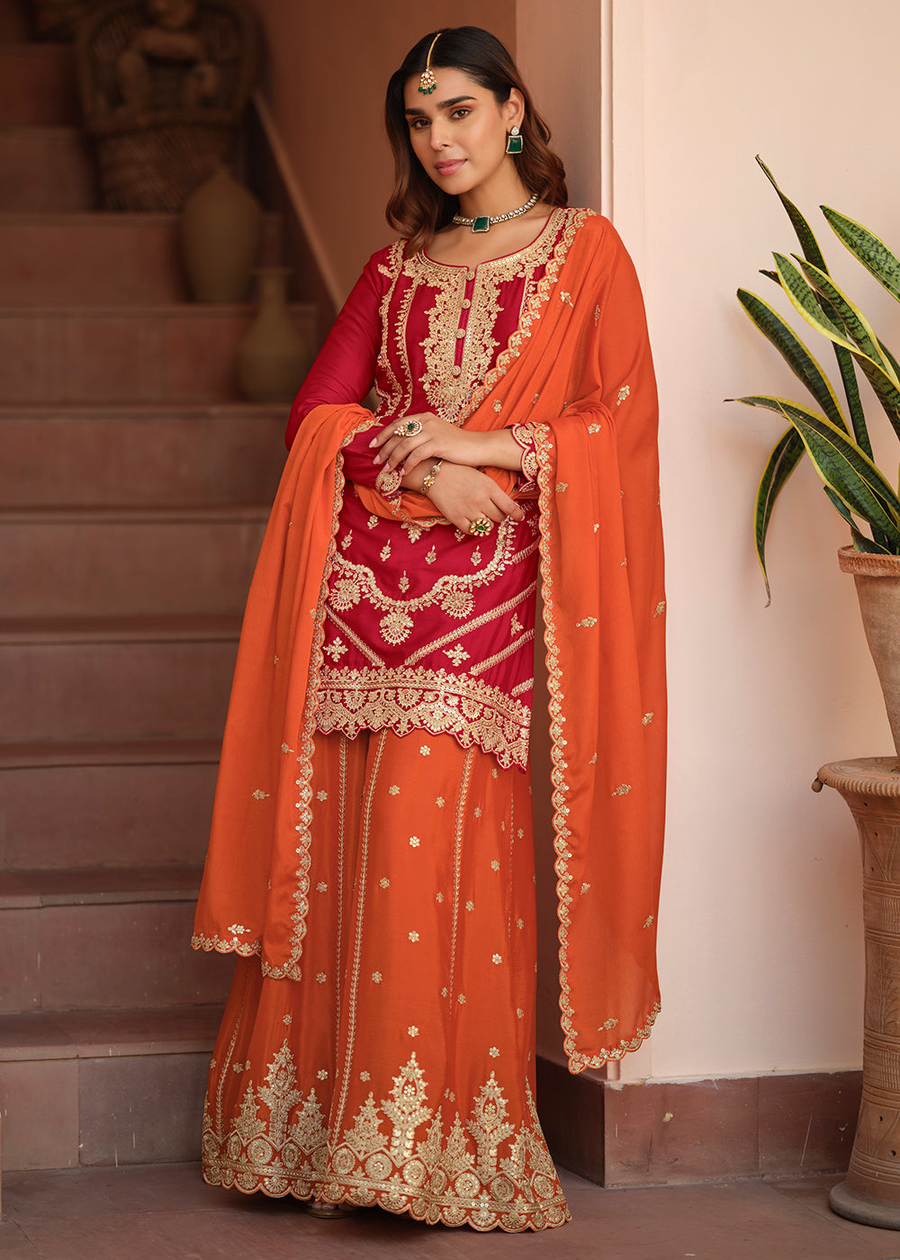 Buy Now Chinnon Silk Red & Orange Festive Palazzo Suit Online in New York, Las Vegas, Newark, Chicago, Houston, Fremont, Dubai, Toronto & Worldwide at Empress.