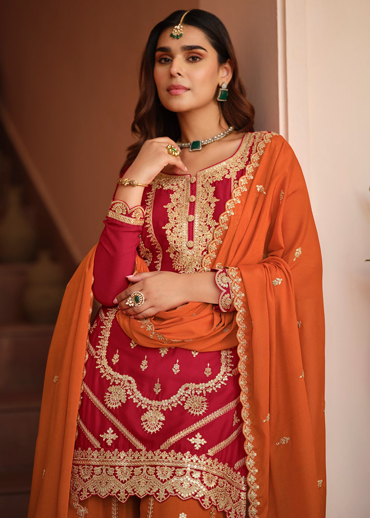 Buy Now Chinnon Silk Red & Orange Festive Palazzo Suit Online in New York, Las Vegas, Newark, Chicago, Houston, Fremont, Dubai, Toronto & Worldwide at Empress.