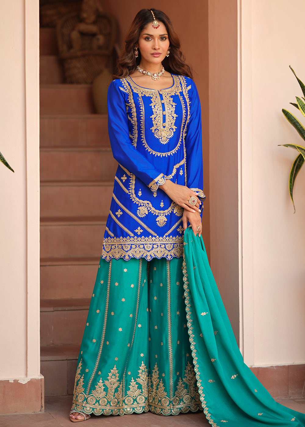 Buy Now Chinnon Silk Blue & Firozi Festive Palazzo Suit Online in New York, Las Vegas, Newark, Chicago, Houston, Fremont, Dubai, Toronto & Worldwide at Empress.