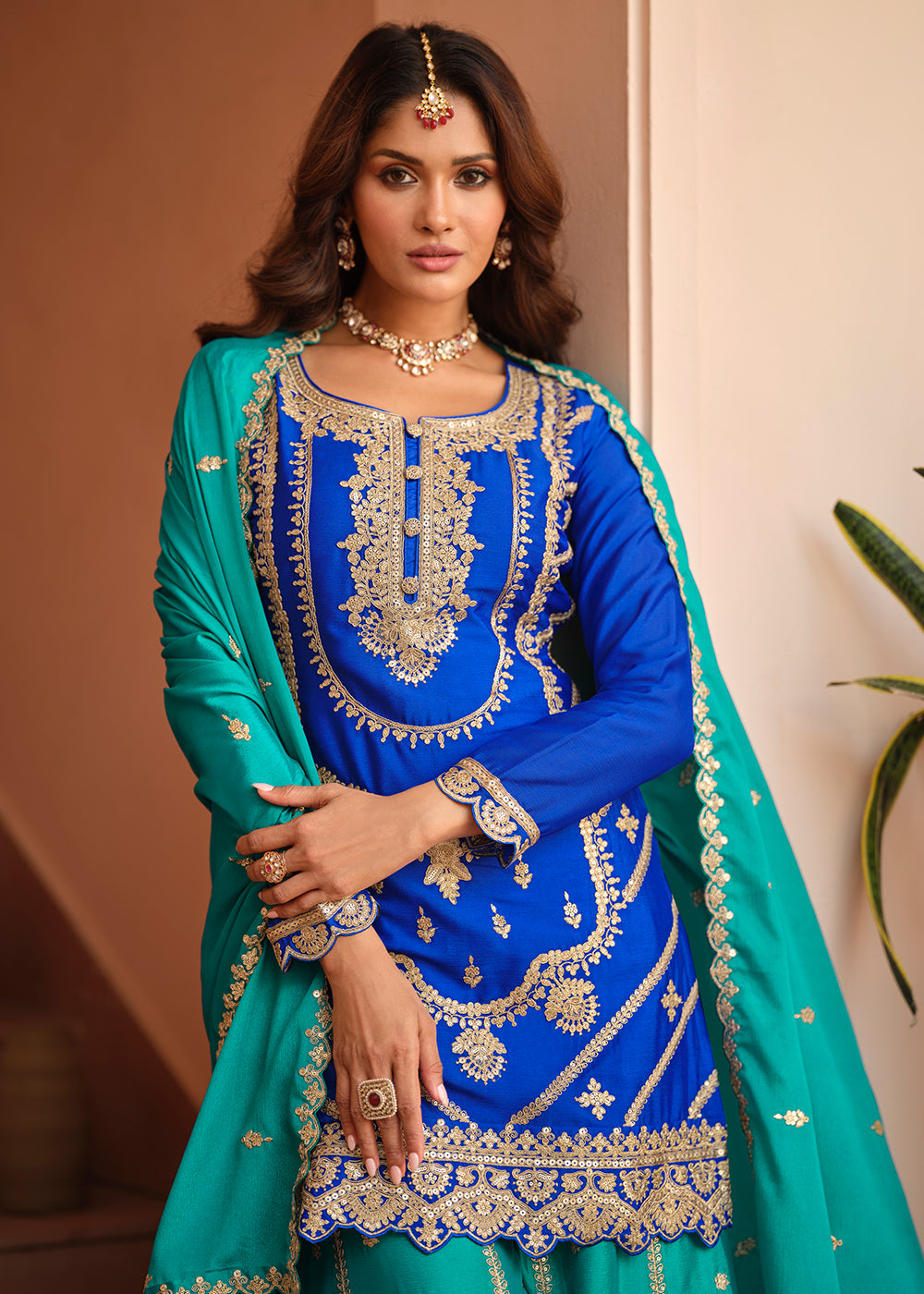 Buy Now Chinnon Silk Blue & Firozi Festive Palazzo Suit Online in New York, Las Vegas, Newark, Chicago, Houston, Fremont, Dubai, Toronto & Worldwide at Empress.