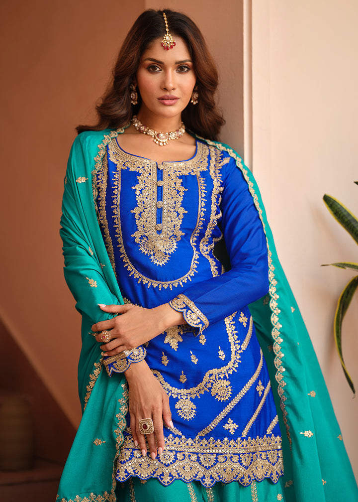 Buy Now Chinnon Silk Blue & Firozi Festive Palazzo Suit Online in New York, Las Vegas, Newark, Chicago, Houston, Fremont, Dubai, Toronto & Worldwide at Empress.