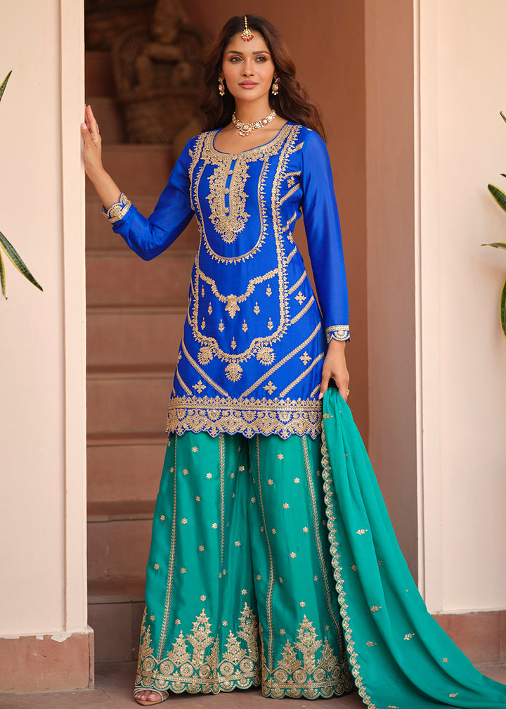 Buy Now Chinnon Silk Blue & Firozi Festive Palazzo Suit Online in New York, Las Vegas, Newark, Chicago, Houston, Fremont, Dubai, Toronto & Worldwide at Empress.