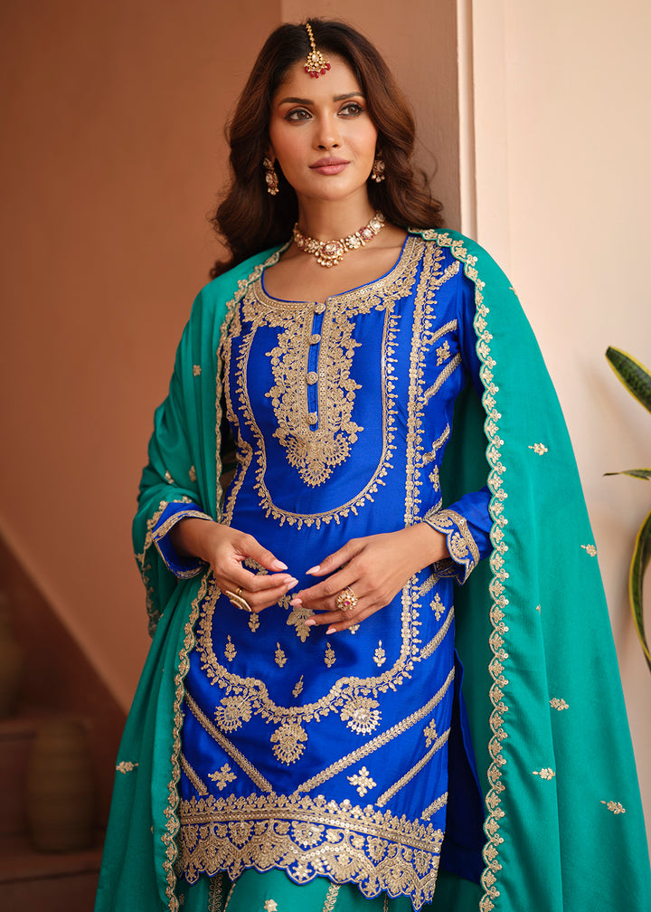 Buy Now Chinnon Silk Blue & Firozi Festive Palazzo Suit Online in New York, Las Vegas, Newark, Chicago, Houston, Fremont, Dubai, Toronto & Worldwide at Empress.