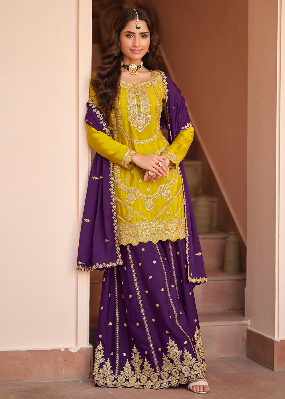 Buy Now Chinnon Silk Yellow & Purple Festive Palazzo Suit Online in New York, Las Vegas, Newark, Chicago, Houston, Fremont, Dubai, Utah & Worldwide at Empress.