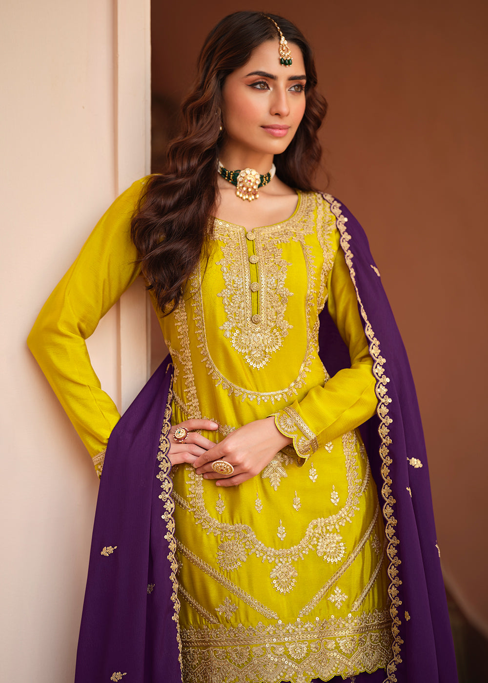 Buy Now Chinnon Silk Yellow & Purple Festive Palazzo Suit Online in New York, Las Vegas, Newark, Chicago, Houston, Fremont, Dubai, Utah & Worldwide at Empress.