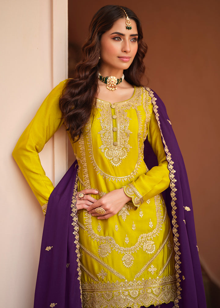 Buy Now Chinnon Silk Yellow & Purple Festive Palazzo Suit Online in New York, Las Vegas, Newark, Chicago, Houston, Fremont, Dubai, Utah & Worldwide at Empress.