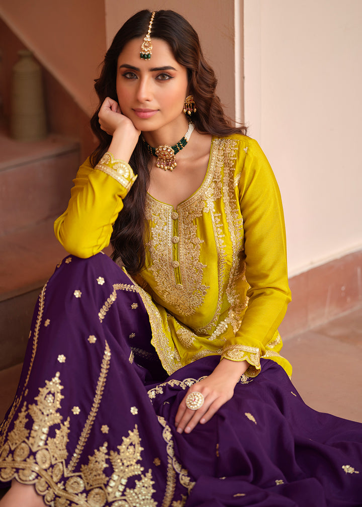 Buy Now Chinnon Silk Yellow & Purple Festive Palazzo Suit Online in New York, Las Vegas, Newark, Chicago, Houston, Fremont, Dubai, Utah & Worldwide at Empress.