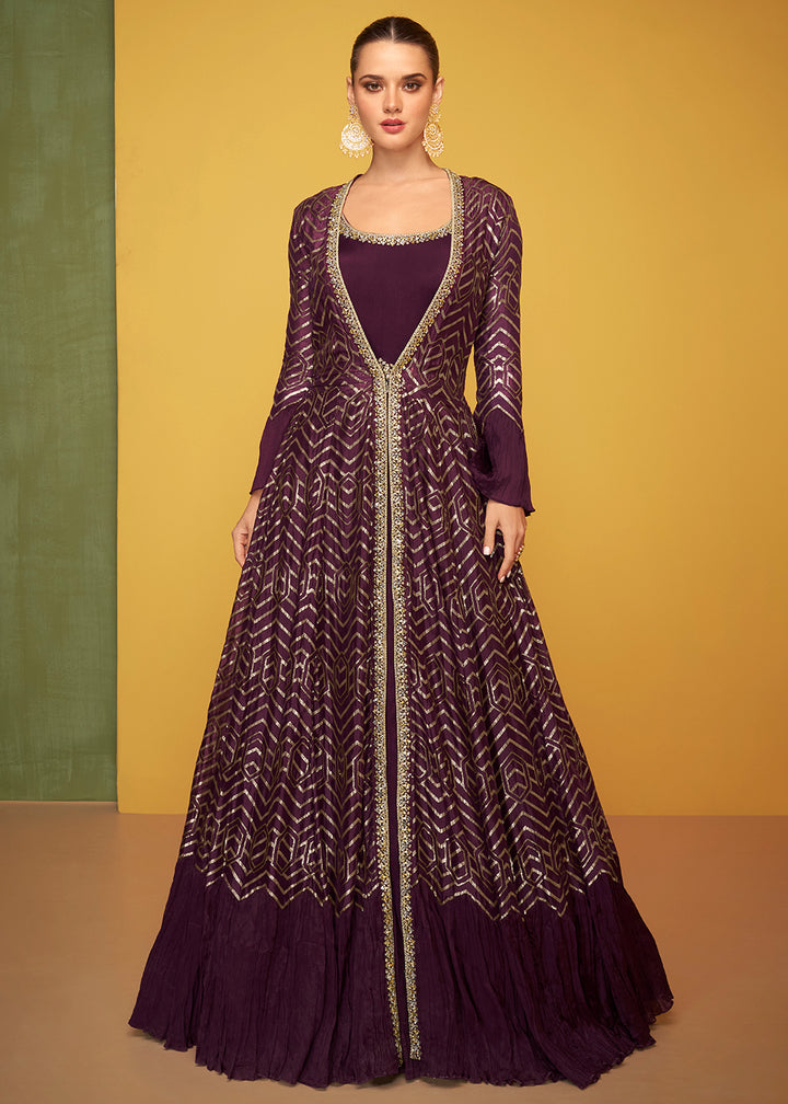 Buy Now Tempting Wine Chinon Fabric Jacket Style Designer Anarkali Gown Online in USA, UK, Australia, New Zealand, Canada & Worldwide at Empress Clothing. 