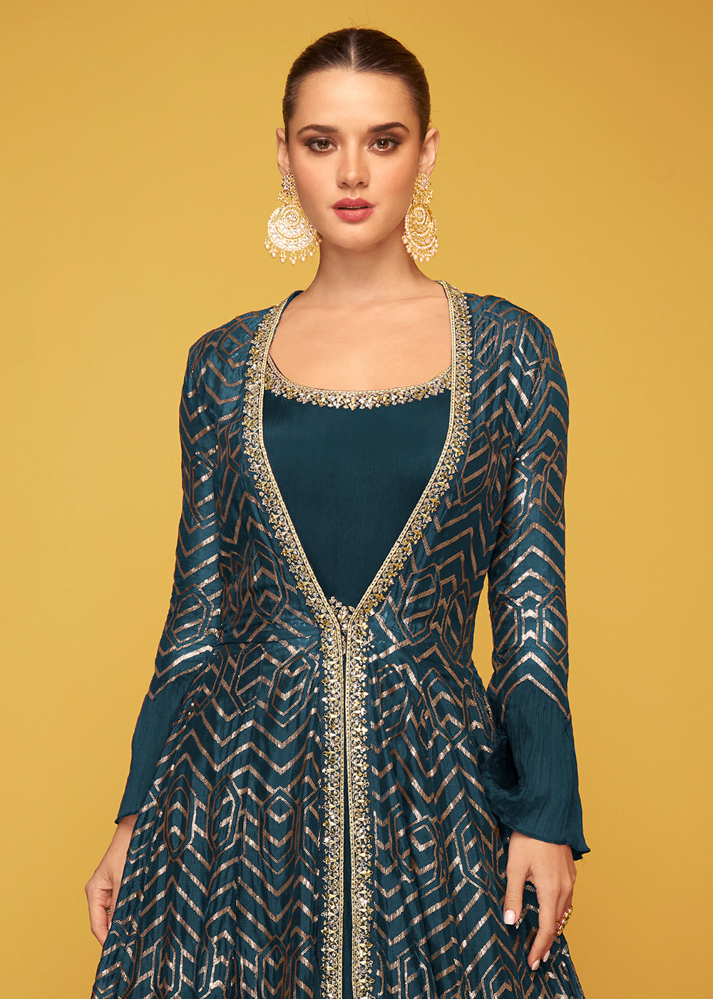 Buy Now Tempting Blue Chinon Fabric Jacket Style Designer Anarkali Gown Online in USA, UK, Australia, New Zealand, Canada & Worldwide at Empress Clothing. 
