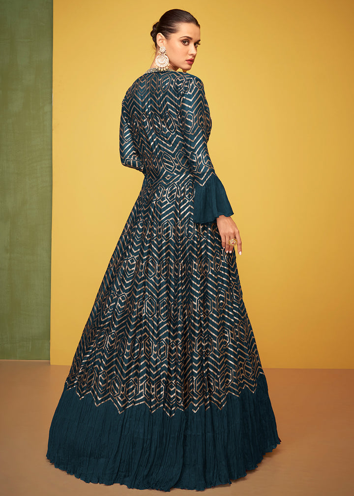 Buy Now Tempting Blue Chinon Fabric Jacket Style Designer Anarkali Gown Online in USA, UK, Australia, New Zealand, Canada & Worldwide at Empress Clothing. 
