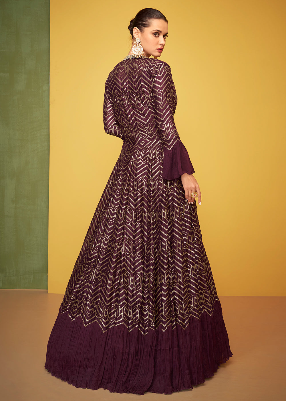 Buy Now Tempting Wine Chinon Fabric Jacket Style Designer Anarkali Gown Online in USA, UK, Australia, New Zealand, Canada & Worldwide at Empress Clothing. 