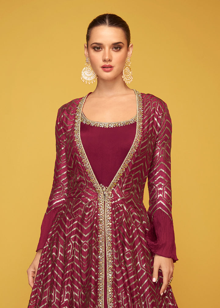 Buy Now Tempting Magenta Chinon Fabric Jacket Style Designer Anarkali Gown Online in USA, UK, Australia, New Zealand, Canada & Worldwide at Empress Clothing.