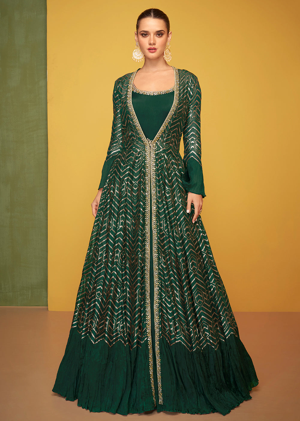 Buy Now Tempting Green Chinon Fabric Jacket Style Designer Anarkali Gown Online in USA, UK, Australia, New Zealand, Canada & Worldwide at Empress Clothing.