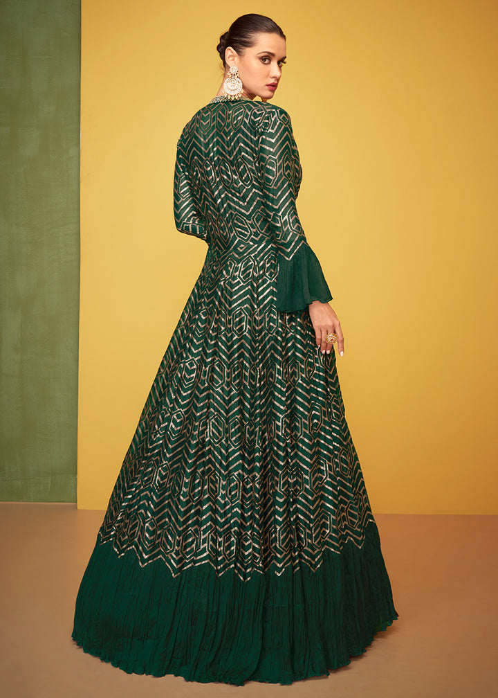 Buy Now Tempting Green Chinon Fabric Jacket Style Designer Anarkali Gown Online in USA, UK, Australia, New Zealand, Canada & Worldwide at Empress Clothing.