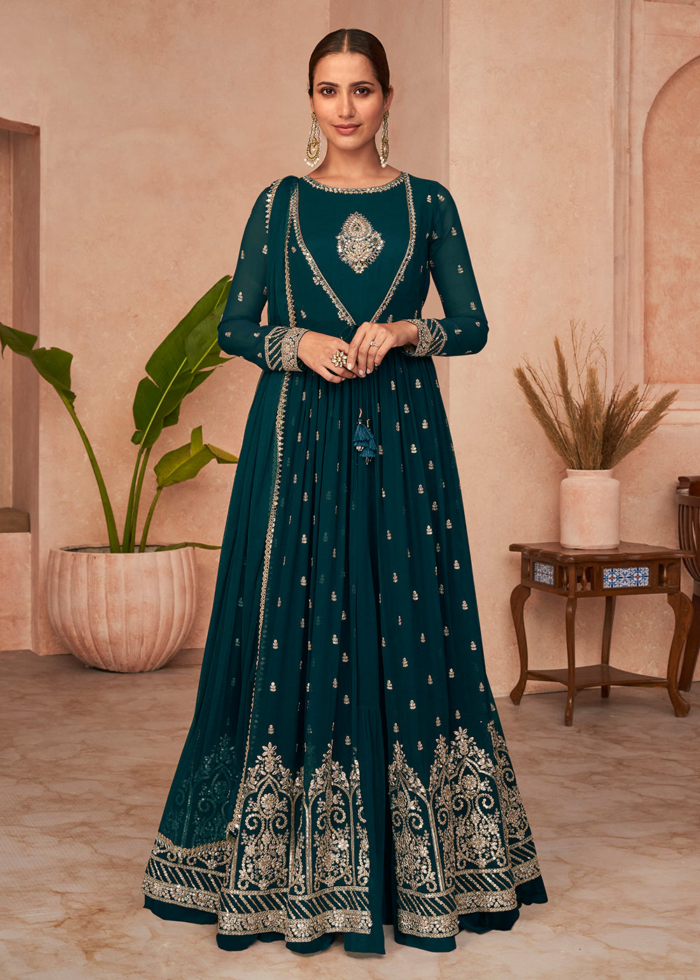 Buy Now Jacket Style Coral Blue Mirror Work Bridesmaid Style Anarkali Gown Online in USA, UK, Australia, New Zealand, Canada & Worldwide at Empress Clothing.
