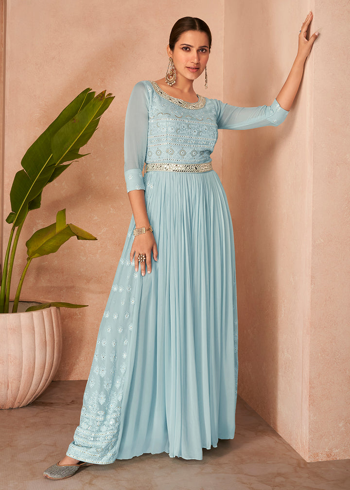 Buy Now Lucknowi Style Baby Blue Embroidered Designer Anarkali Gown Online in USA, UK, Australia, New Zealand, Canada & Worldwide at Empress Clothing. 