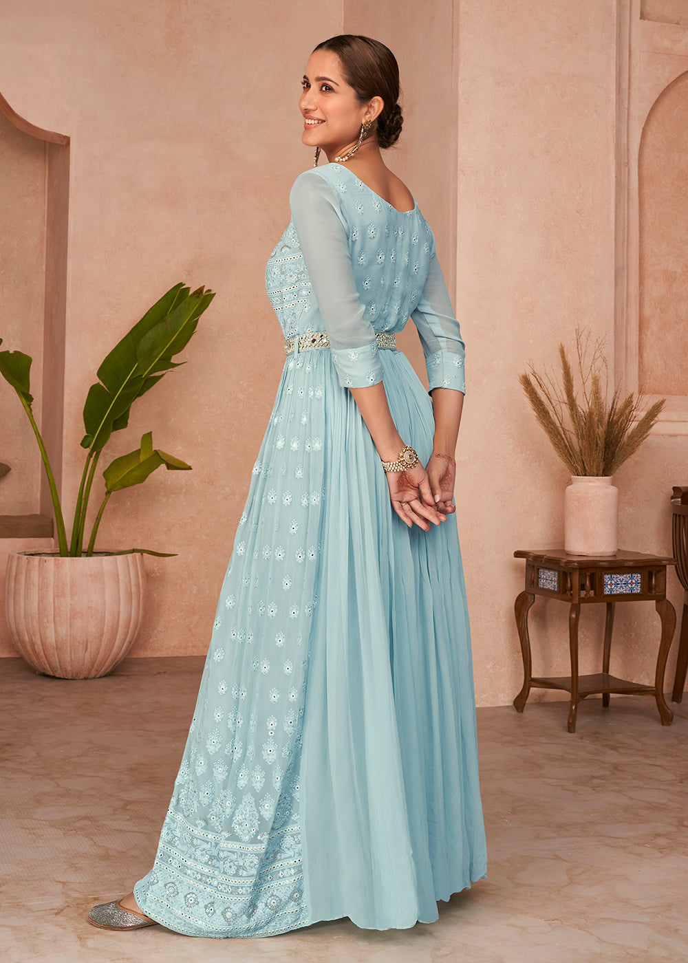 Buy Now Lucknowi Style Baby Blue Embroidered Designer Anarkali Gown Online in USA, UK, Australia, New Zealand, Canada & Worldwide at Empress Clothing. 