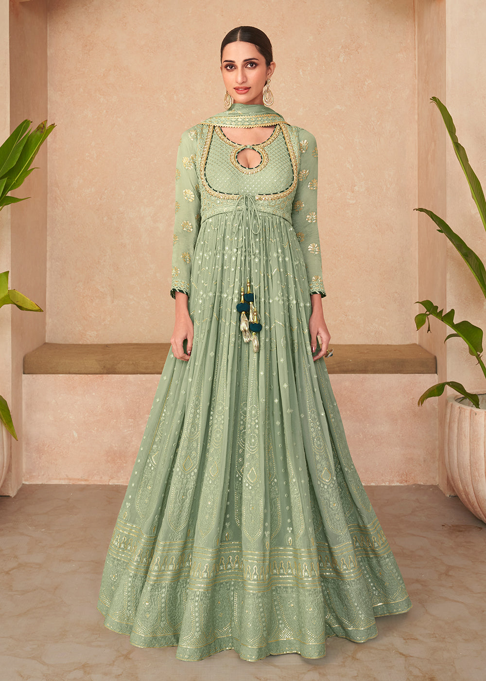 Buy Now Superb Green Embroidered Real Georgette Wedding Anarkali Suit Online in USA, UK, Australia, New Zealand, Canada & Worldwide at Empress Clothing.