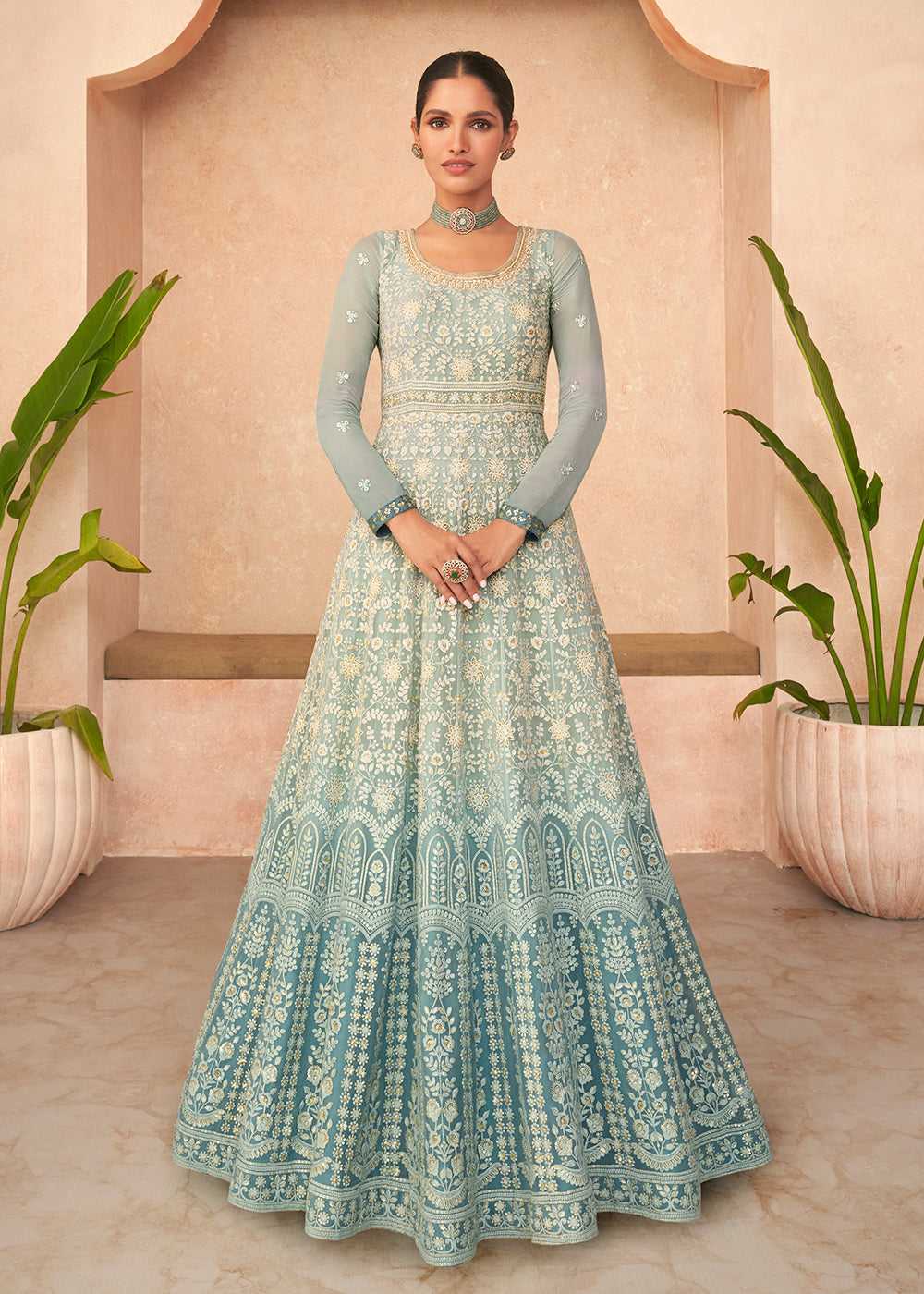 Buy Now Superb Teal Blue Embroidered Real Georgette Wedding Anarkali Suit Online in USA, UK, Australia, New Zealand, Canada & Worldwide at Empress Clothing. 