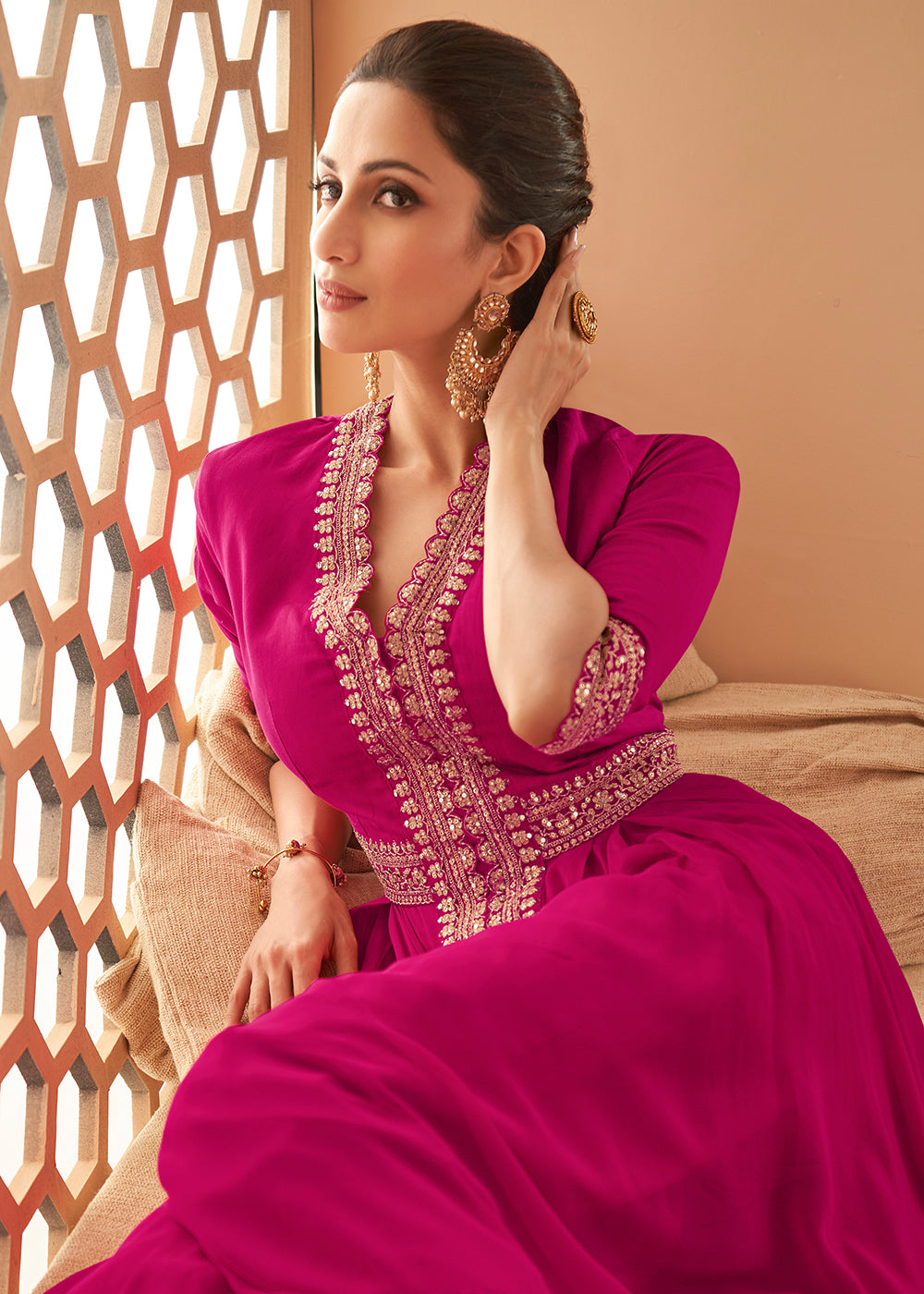 Buy Now Ingenious Hot Pink Front Slit Silk Georgette Anarkali Suit Online in USA, UK, Australia, New Zealand, Canada, Italy & Worldwide at Empress Clothing. 
