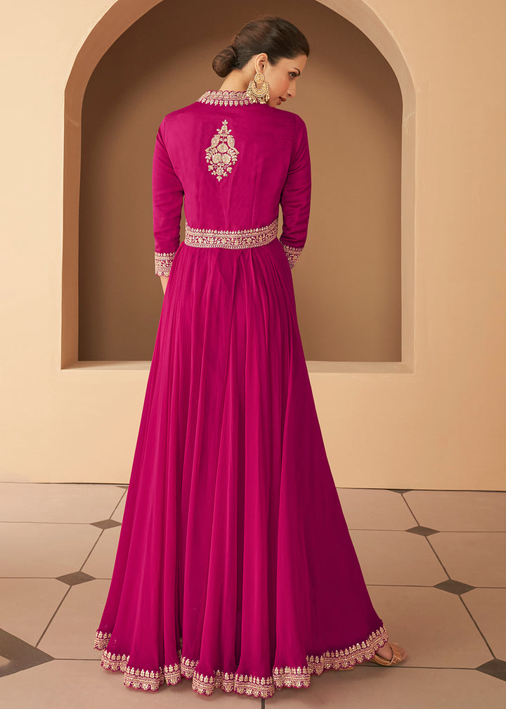 Buy Now Ingenious Hot Pink Front Slit Silk Georgette Anarkali Suit Online in USA, UK, Australia, New Zealand, Canada, Italy & Worldwide at Empress Clothing. 