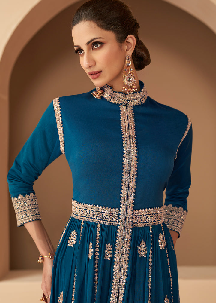Buy Now Glorious Blue Front Slit Silk Georgette Anarkali Suit Online in USA, UK, Australia, New Zealand, Canada, Italy & Worldwide at Empress Clothing. 