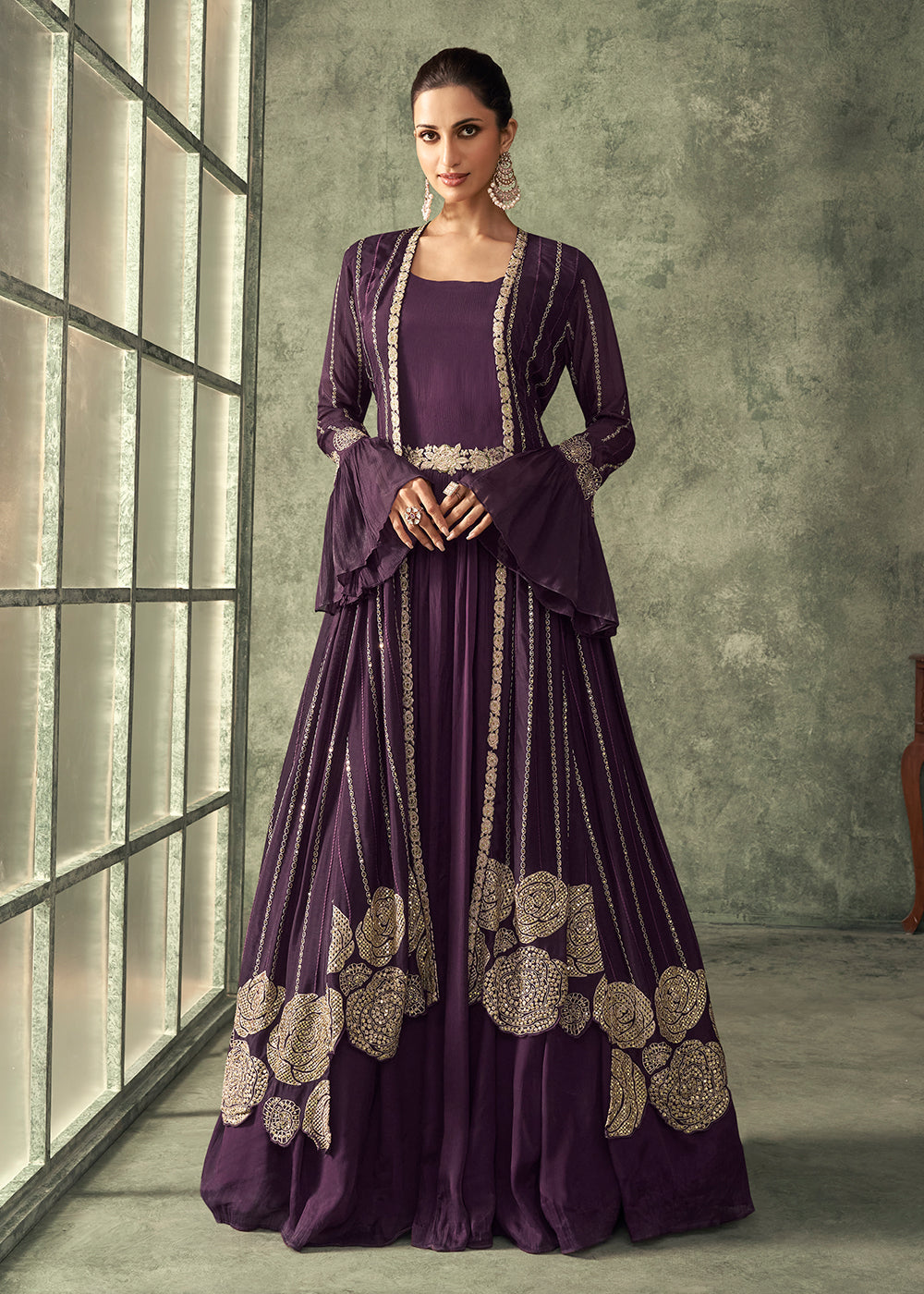 Buy Now Burgundy Wine Chinnon Embroidered Designer Gown with Shrug Online in USA, UK, Australia, New Zealand, Canada & Worldwide at Empress Clothing.