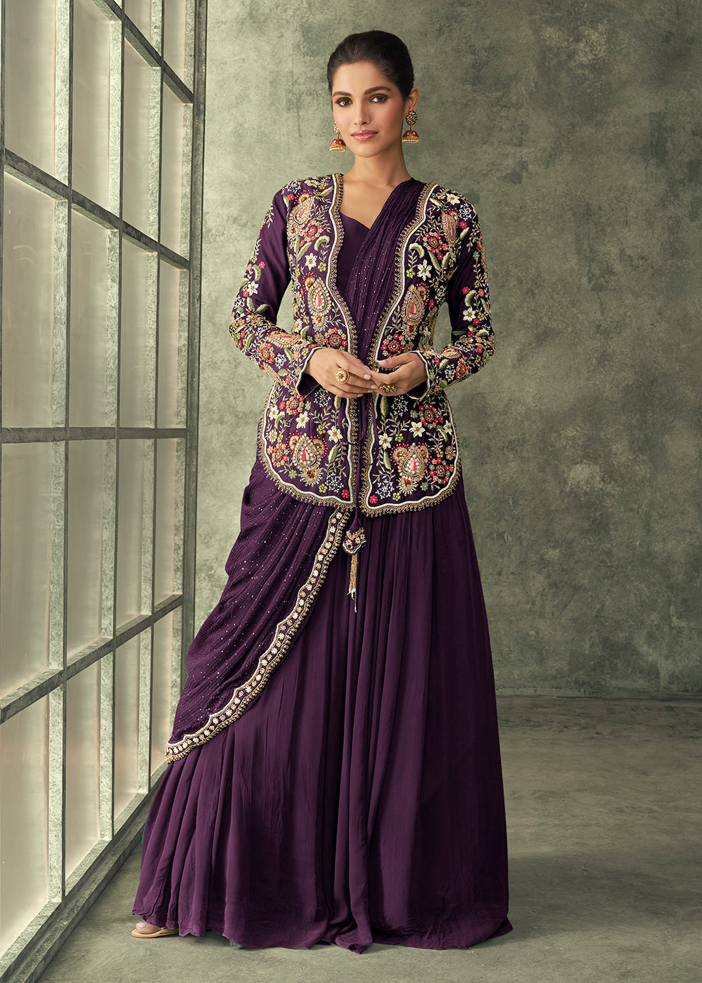 Buy Now Plum Purple Silk Embroidered Designer Gown with Jacket Online in USA, UK, Australia, Canada & Worldwide at Empress Clothing.