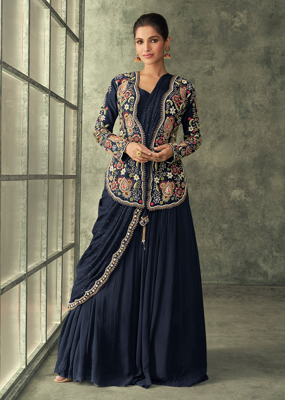 Buy Now Navy Blue Silk Embroidered Designer Gown with Jacket Online in USA, UK, Australia, Canada & Worldwide at Empress Clothing. 