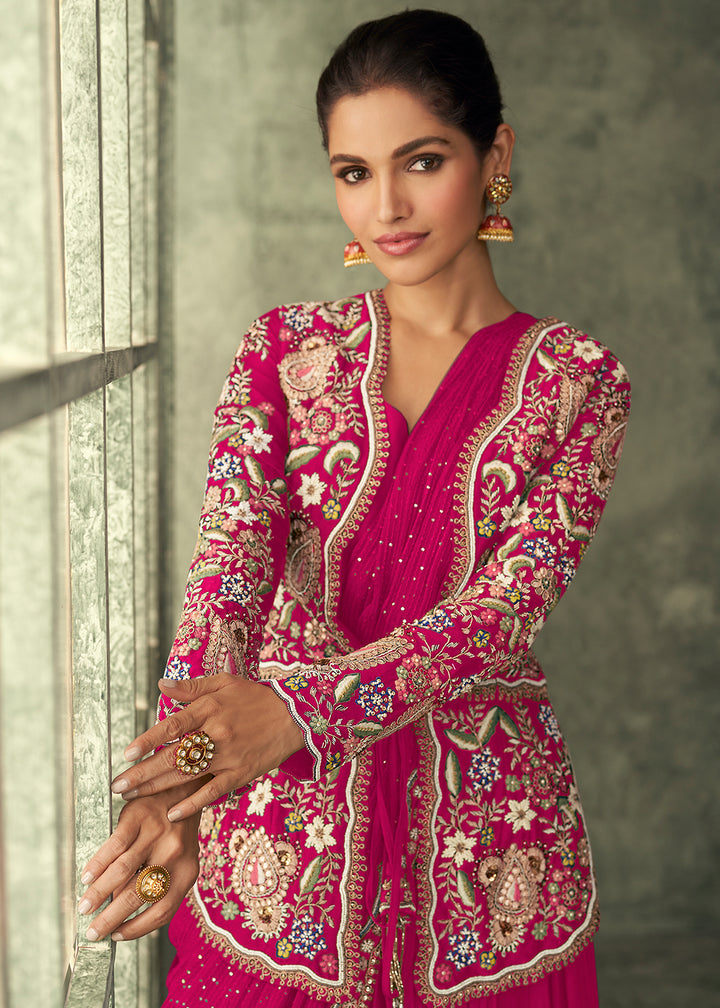 Buy Now Rani Pink Silk Embroidered Designer Gown with Jacket Online in USA, UK, Australia, Canada & Worldwide at Empress Clothing.