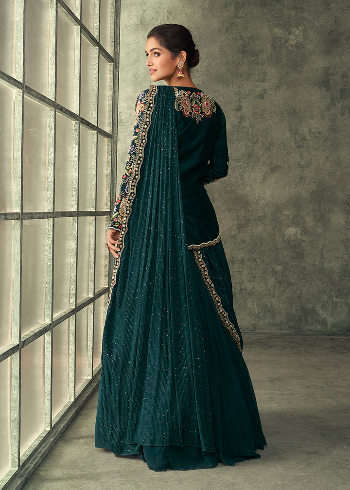 Buy Now Peacock Green Silk Embroidered Designer Gown with Jacket Online in USA, UK, Australia, Canada & Worldwide at Empress Clothing.