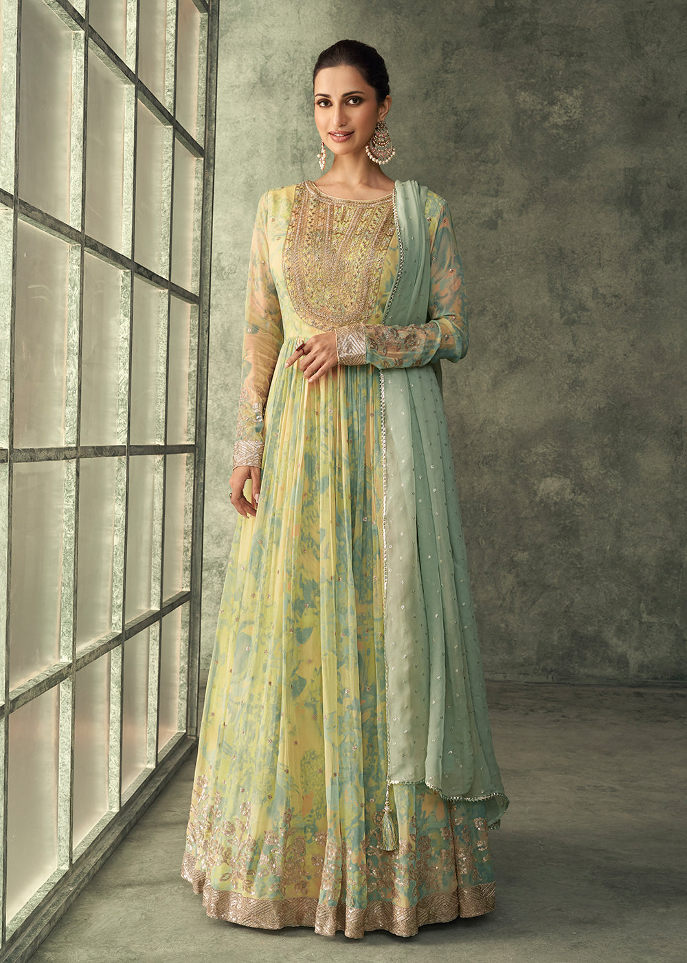 Buy Now Light Yellow Georgette Embroidered Designer Wedding Gown Online in USA, UK, Australia, Canada & Worldwide at Empress Clothing
