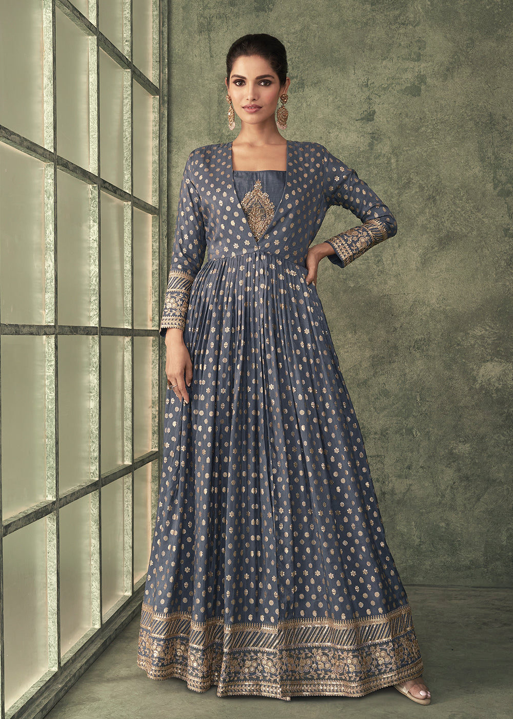 Buy Now Pretty Grey Viscose Silk Embroidered Anarkali Gown with Jacket Online in USA, UK, Australia, New Zealand, Canada & Worldwide at Empress Clothing.
