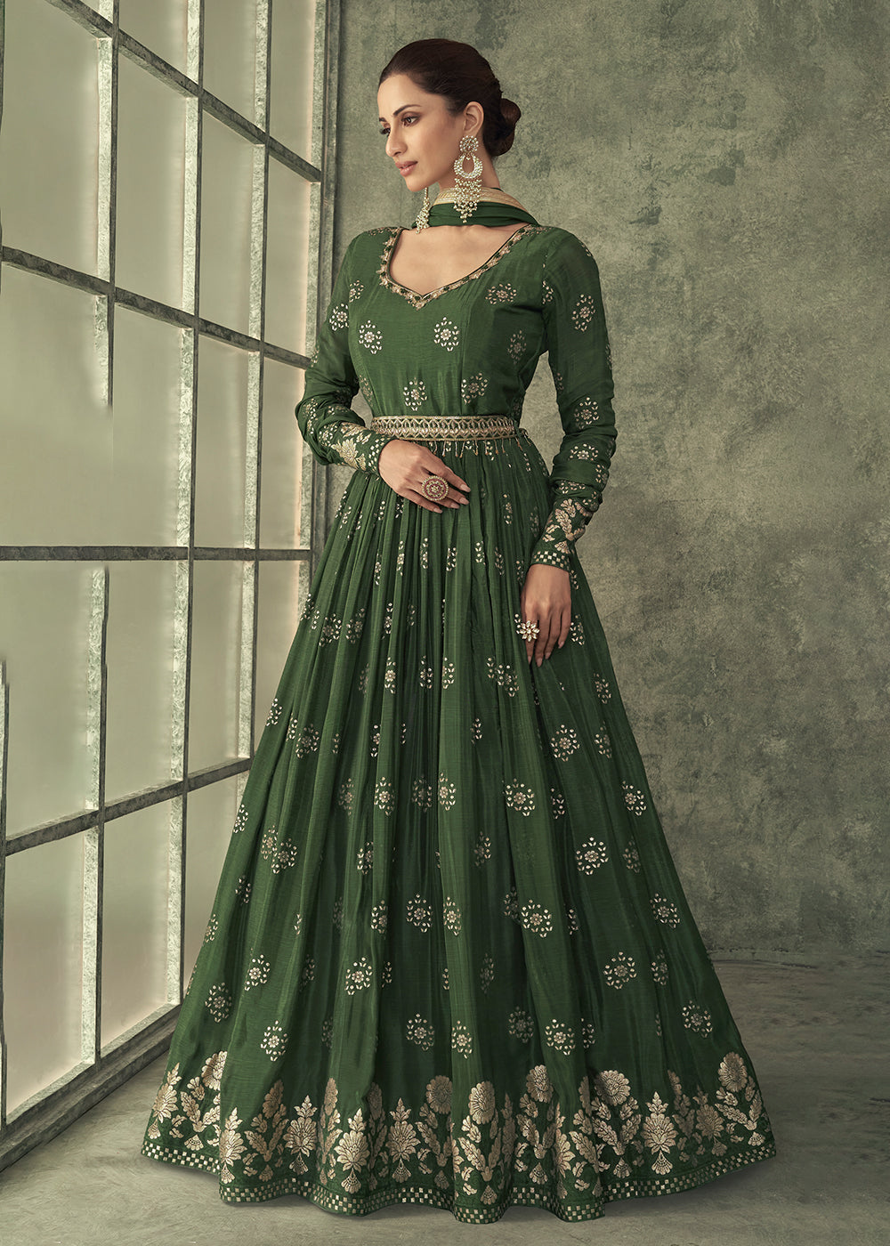 Buy Now Pretty Green Viscose Silk Embroidered Wedding Anarkali Gown Online in USA, UK, Australia, New Zealand, Canada & Worldwide at Empress Clothing.