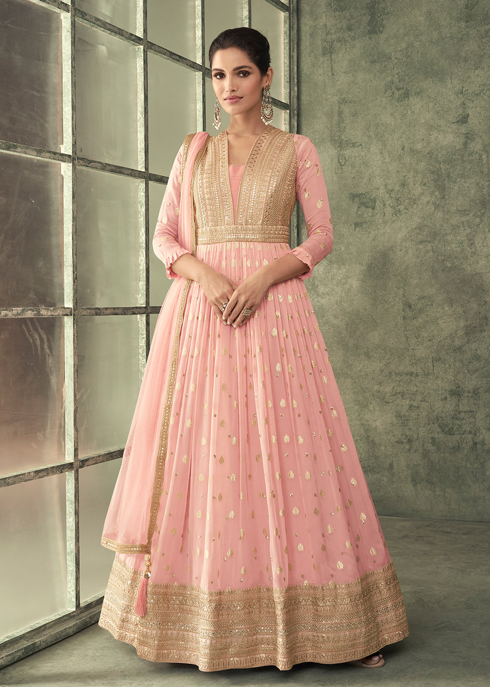 Buy Now Pretty Pink Viscose Silk Embroidered Wedding Anarkali Gown Online in USA, UK, Australia, New Zealand, Canada & Worldwide at Empress Clothing.