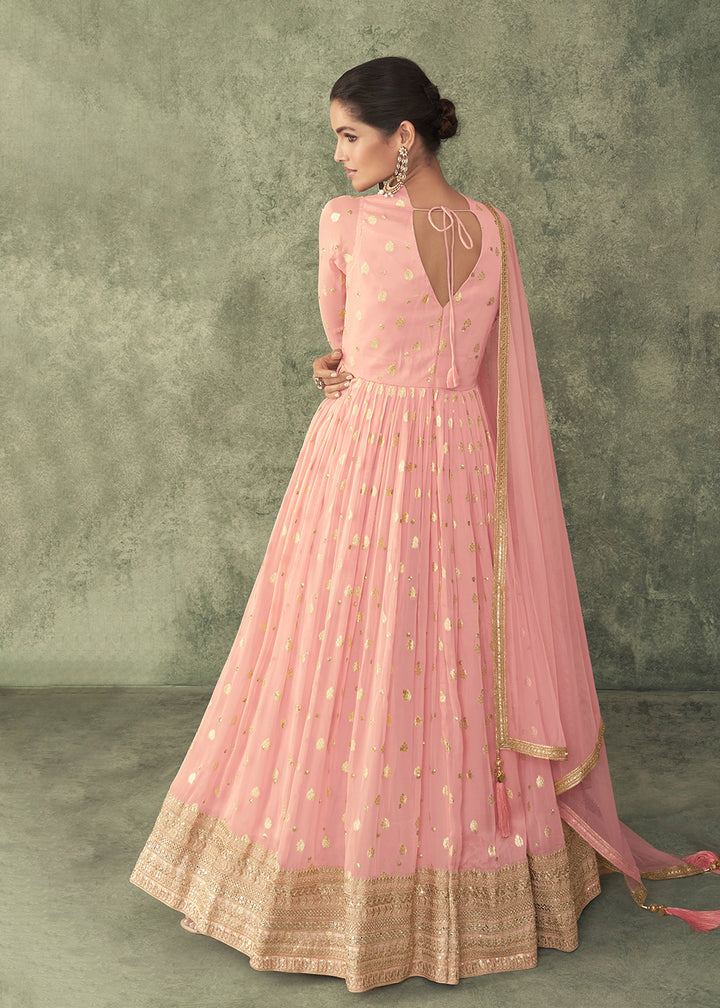Buy Now Pretty Pink Viscose Silk Embroidered Wedding Anarkali Gown Online in USA, UK, Australia, New Zealand, Canada & Worldwide at Empress Clothing.