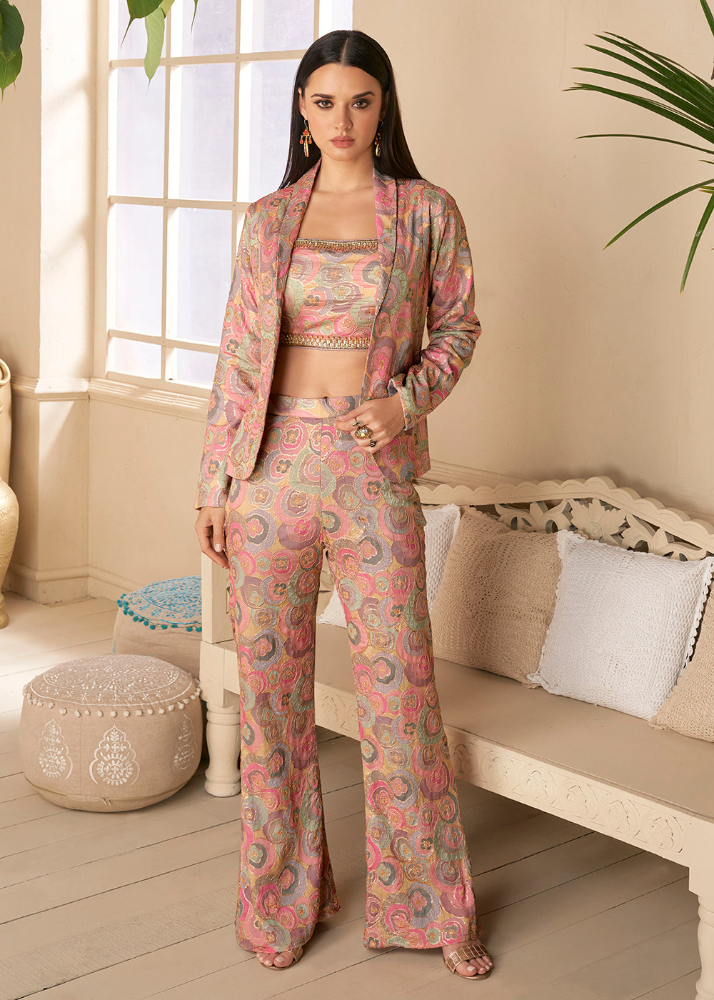 Buy Now Wonderful Flamingo Pink Chinon Party Wear 3 Piece Co-Ord Sets Online in USA, UK, Canada, Germany, Australia & Worldwide at Empress Clothing.